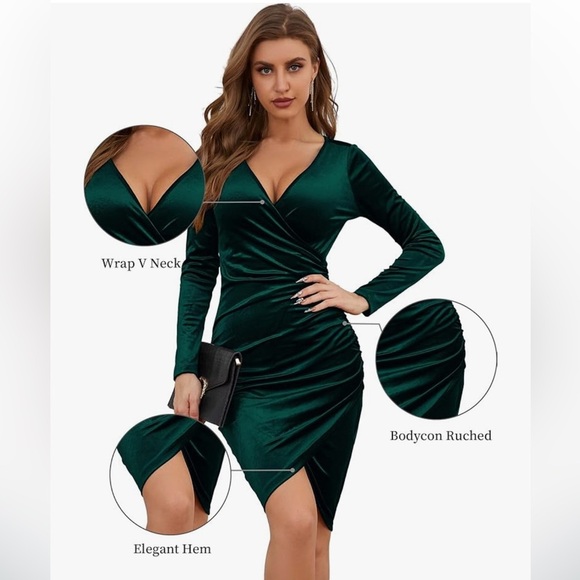 Velvet V-Neck Long Sleeve Wrap Bodycon Ruched Cocktail Party Wedding Guest Dress - Picture 3 of 7
